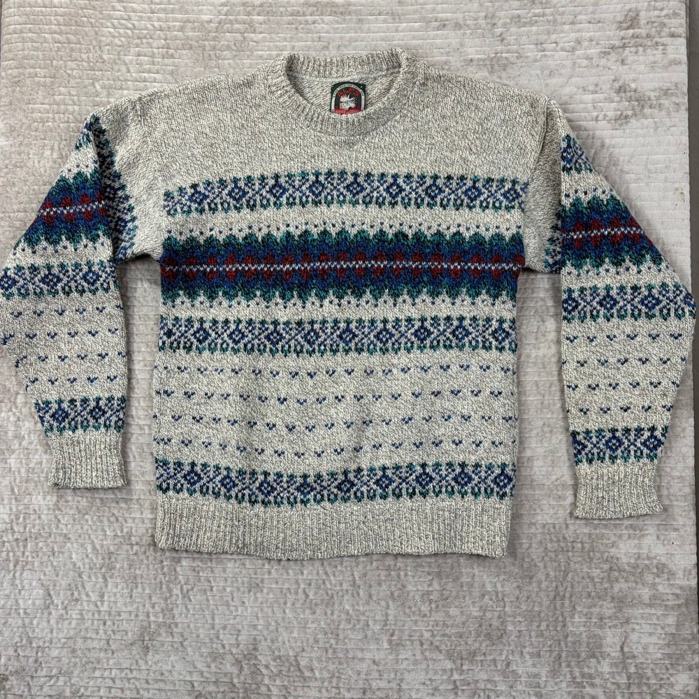 Alps Rugged Outdoors‎ Mens Fair Isle Crewneck Sweater Gray Blue M Vintage Style